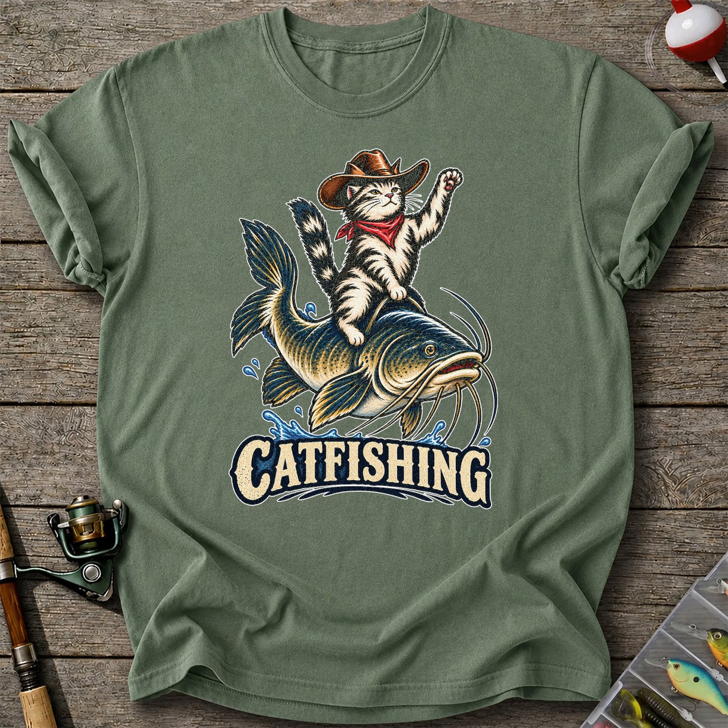 Catfishing Cowboy Cat Riding a Catfish Graphic T-Shirt
