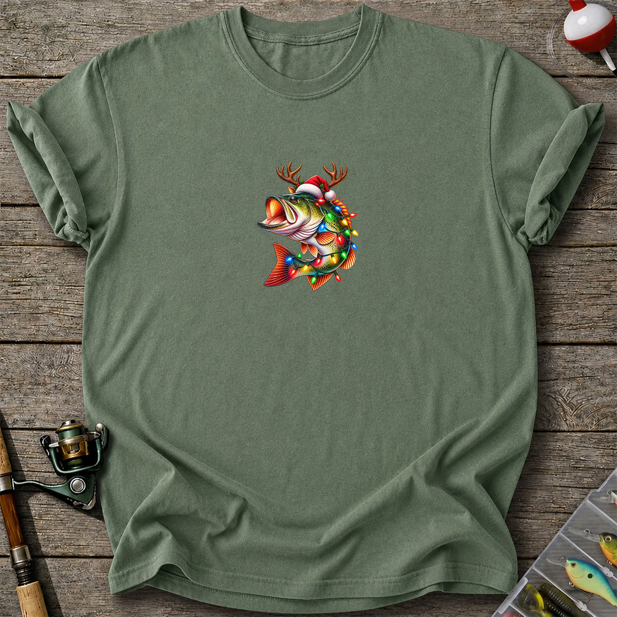 Christmas Bass with Santa Hat, Antlers and Holiday Lights Fishing T-Shirt