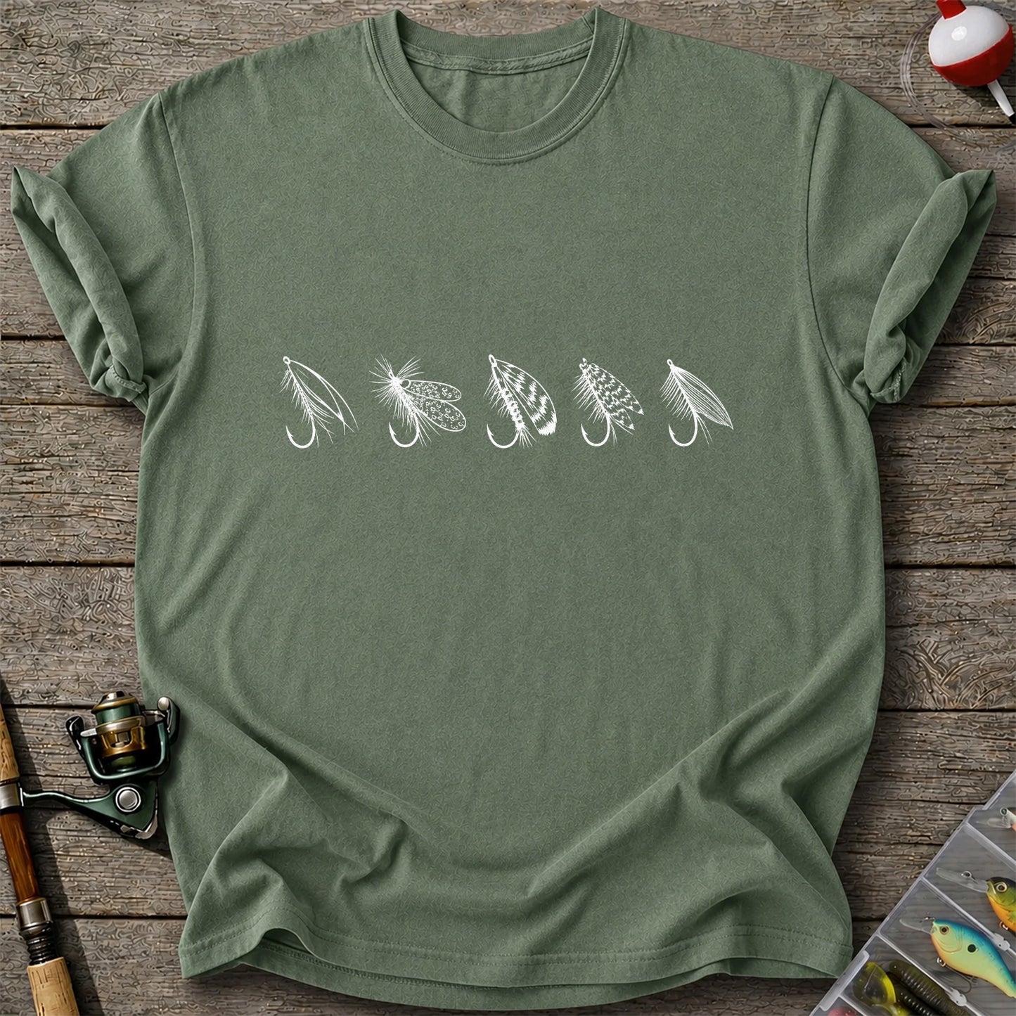 Five Fly Fishing Lures Minimalist Line Art T-Shirt