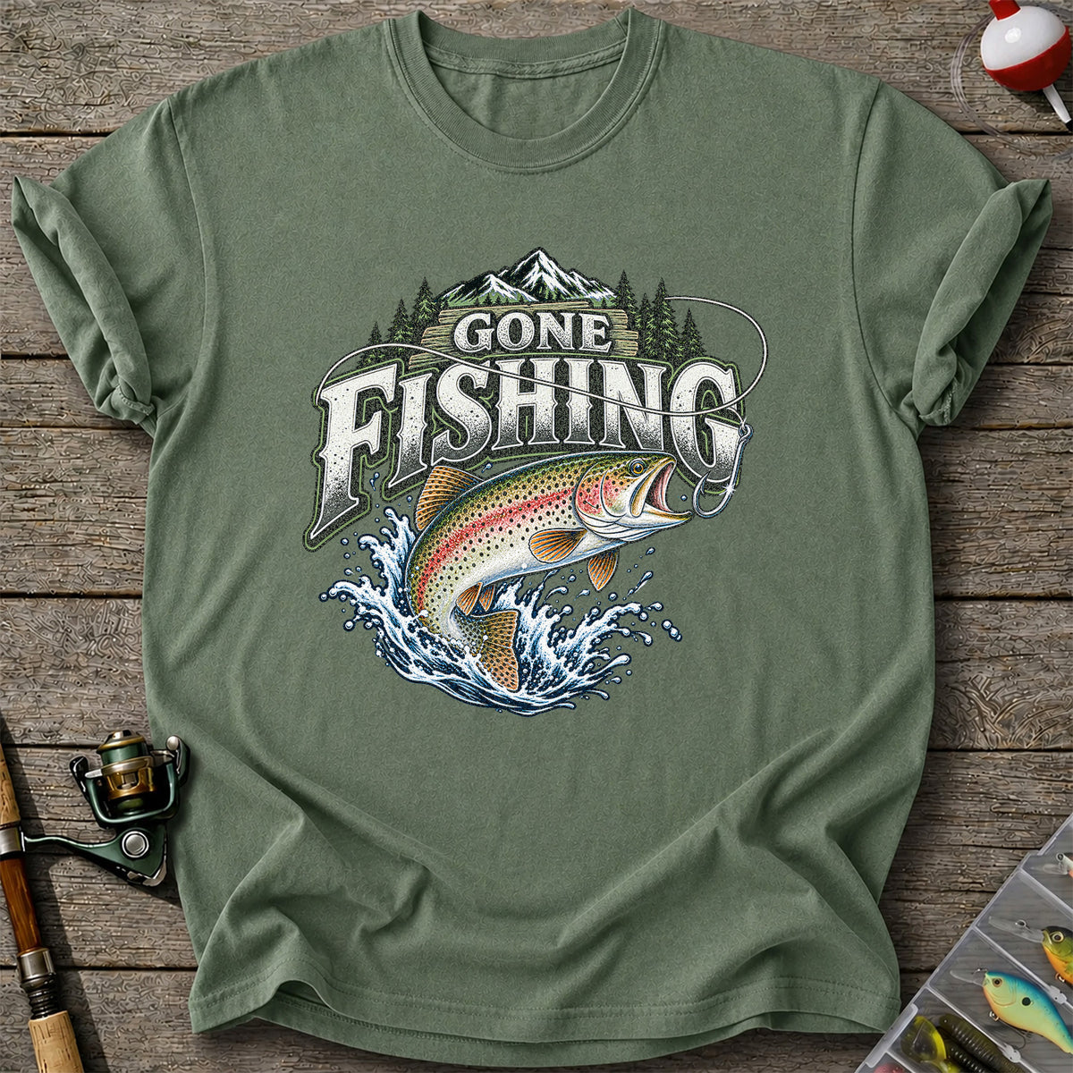 Gone Fishing Rainbow Trout and Mountains Graphic T-Shirt