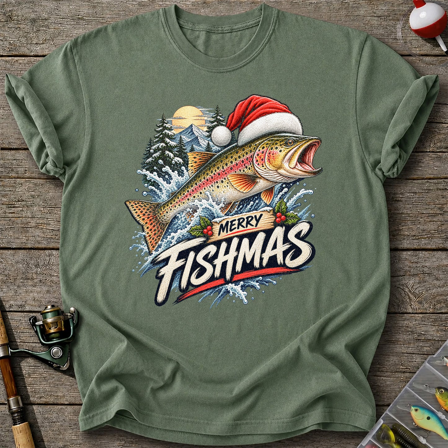 Merry Fishmas Santa Hat Rainbow Trout Fishing Graphic T-Shirt