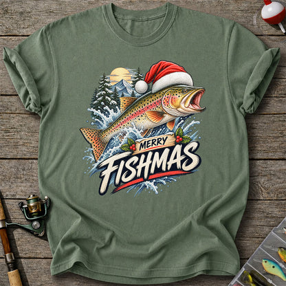 Merry Fishmas Santa Hat Rainbow Trout Fishing Graphic T-Shirt