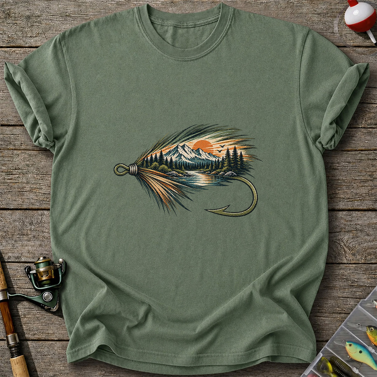 Mountain Lake Fly Fishing Hook Graphic T-Shirt