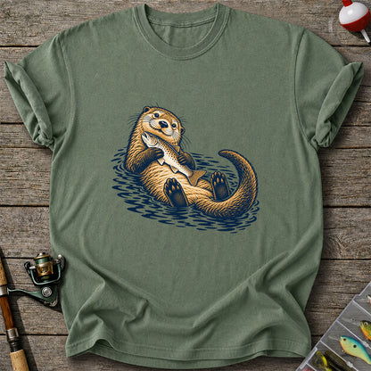 Cute Otter Holding Fish Hand Drawn Fishing Graphic T-Shirt
