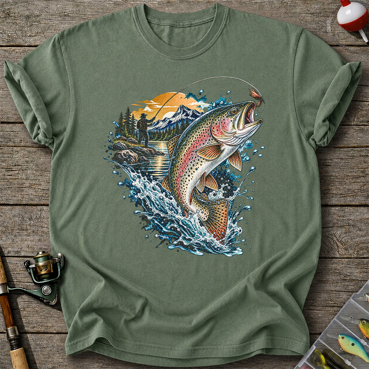 Leaping Rainbow Trout Mountain River Fly Fishing Graphic T-Shirt