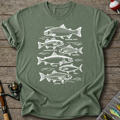 Rainbow Trout, Largemouth Bass, Snapper, Salmon, Tuna and Catfish Fishing Graphic T-Shirt