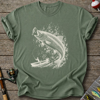 Leaping Trout Striking Lure from Fishing Boat Graphic T-Shirt