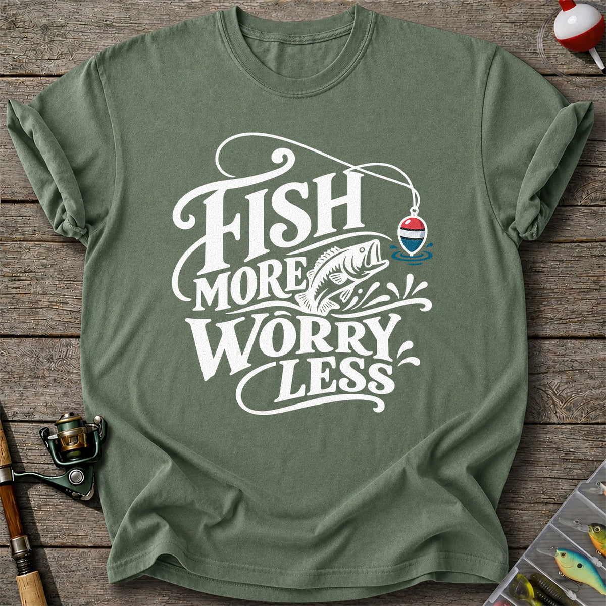 Fish More Worry Less Funny Fishing Graphic T-Shirt