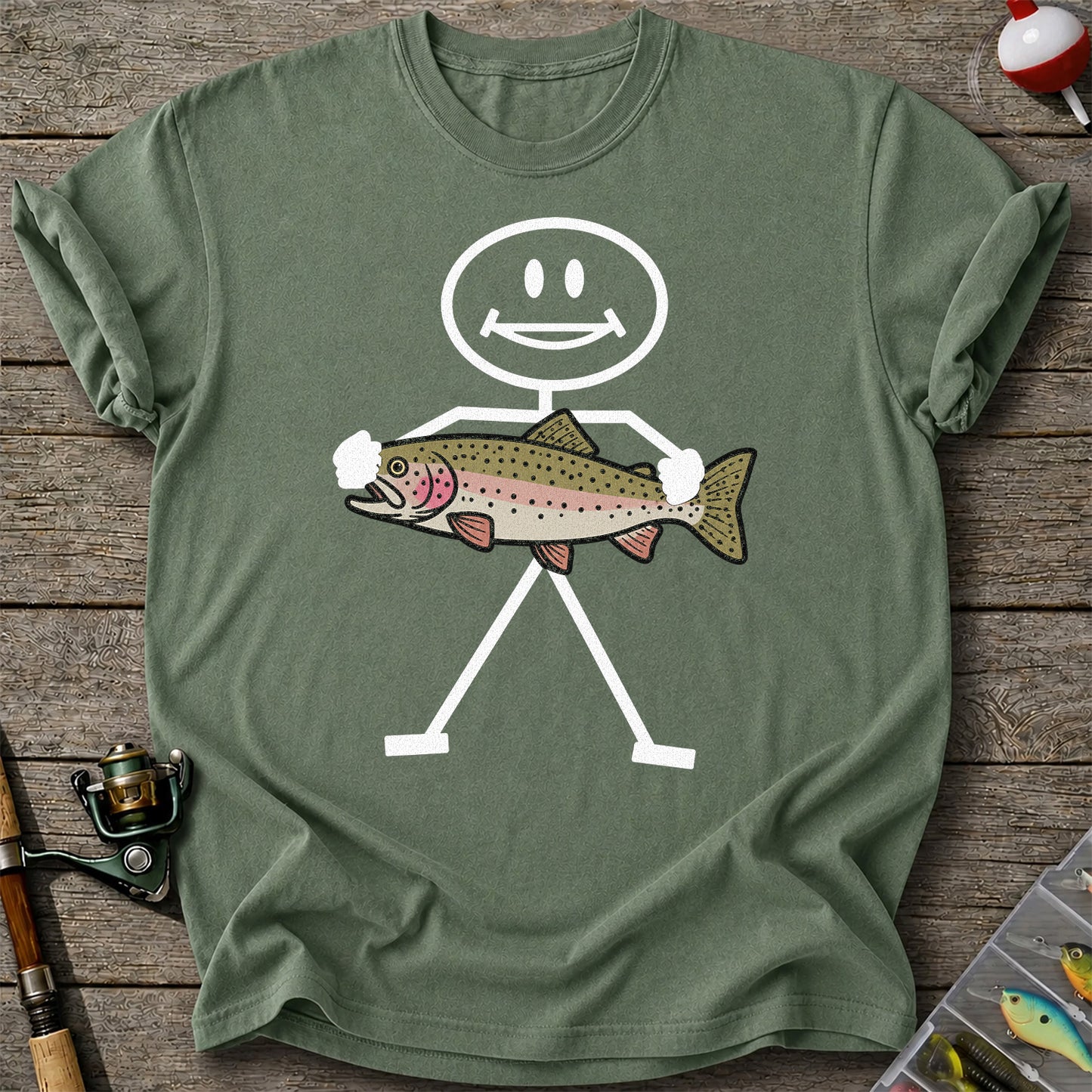 Stick Figure Holding a Rainbow Trout Fishing T-Shirt