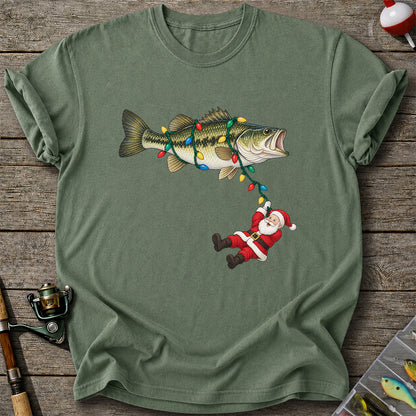 Santa Hanging from Christmas Lights on Bass Fishing Graphic T-Shirt