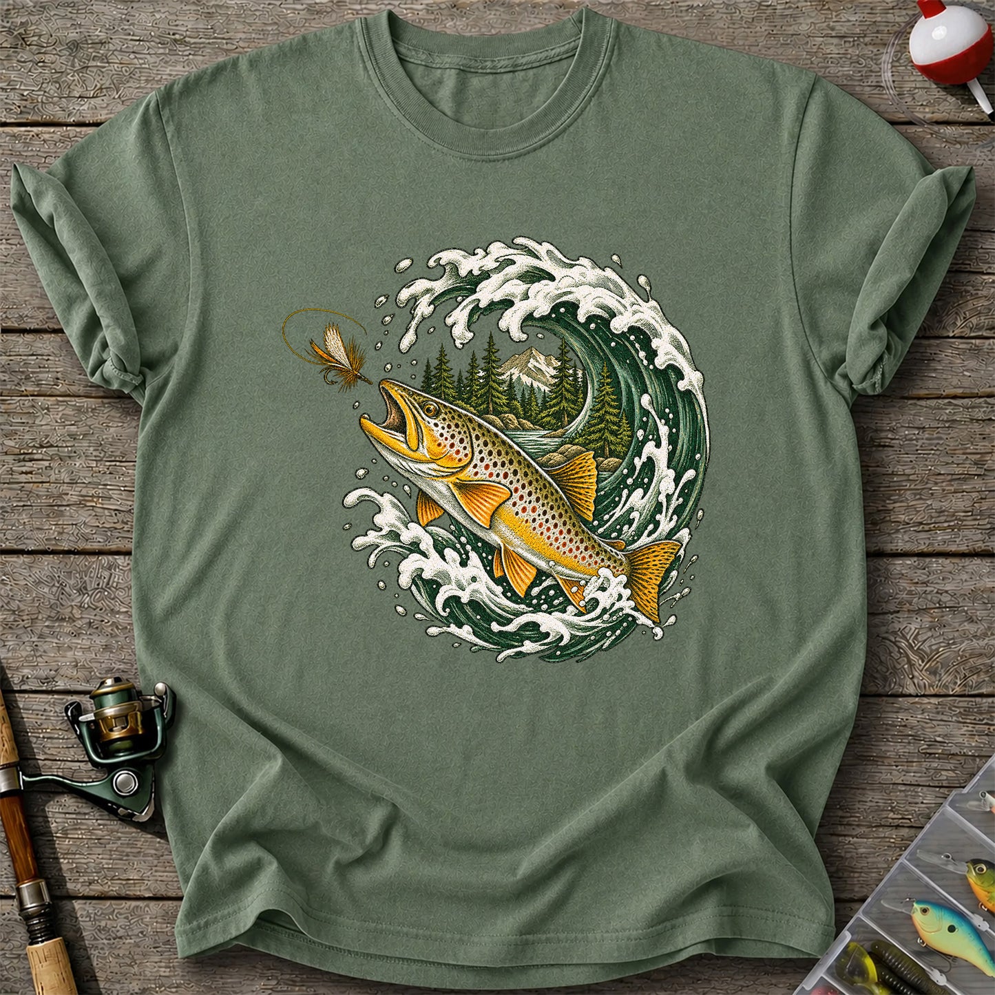 Brown Trout Chasing a Fly Through a Mountain Wave Graphic T-Shirt