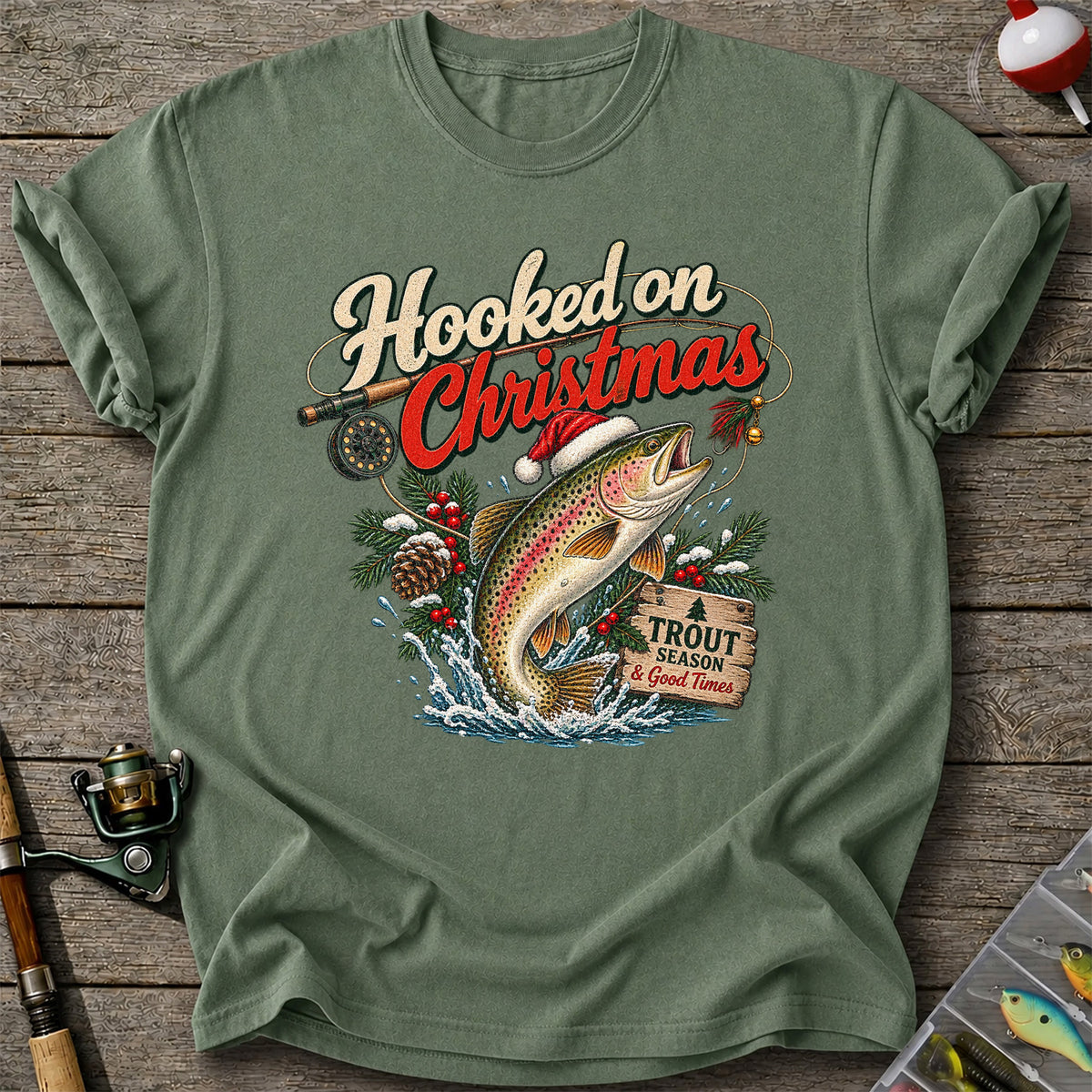 Hooked on Christmas Rainbow Trout in Santa Hat Fishing T-Shirt