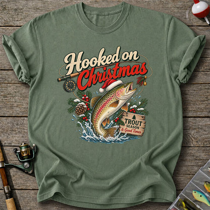 Hooked on Christmas Rainbow Trout in Santa Hat Fishing T-Shirt
