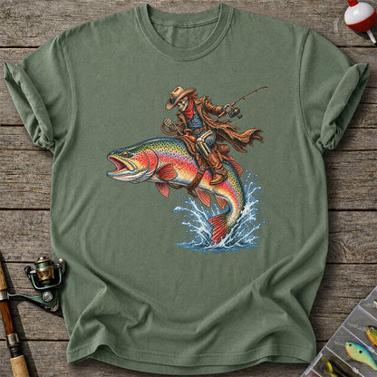 Skeleton Cowboy Riding a Rainbow Trout Fishing Graphic T-Shirt