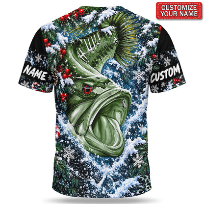 Personalized Bass Close-Up and Snowy Pine Christmas Fishing T-Shirt