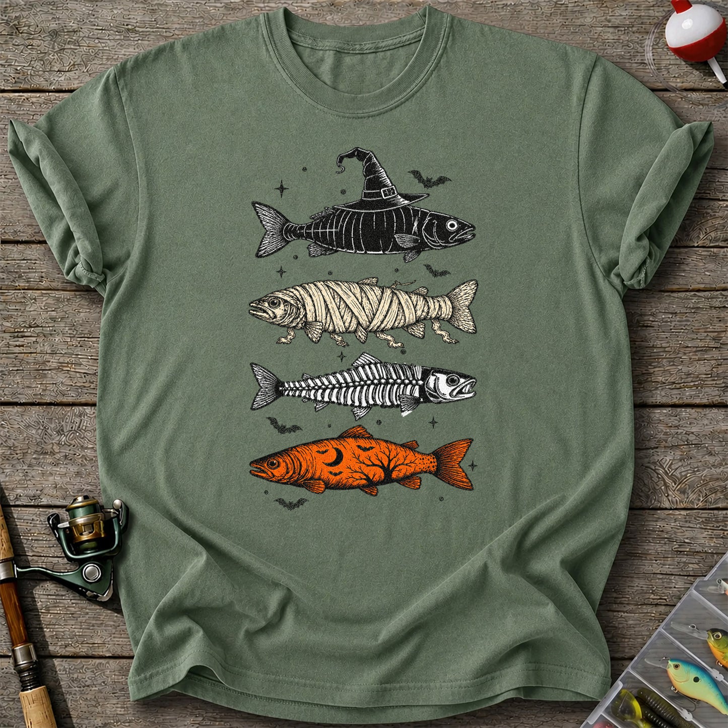 Halloween Witch Mummy Skeleton and Pumpkin Fish Graphic T-Shirt