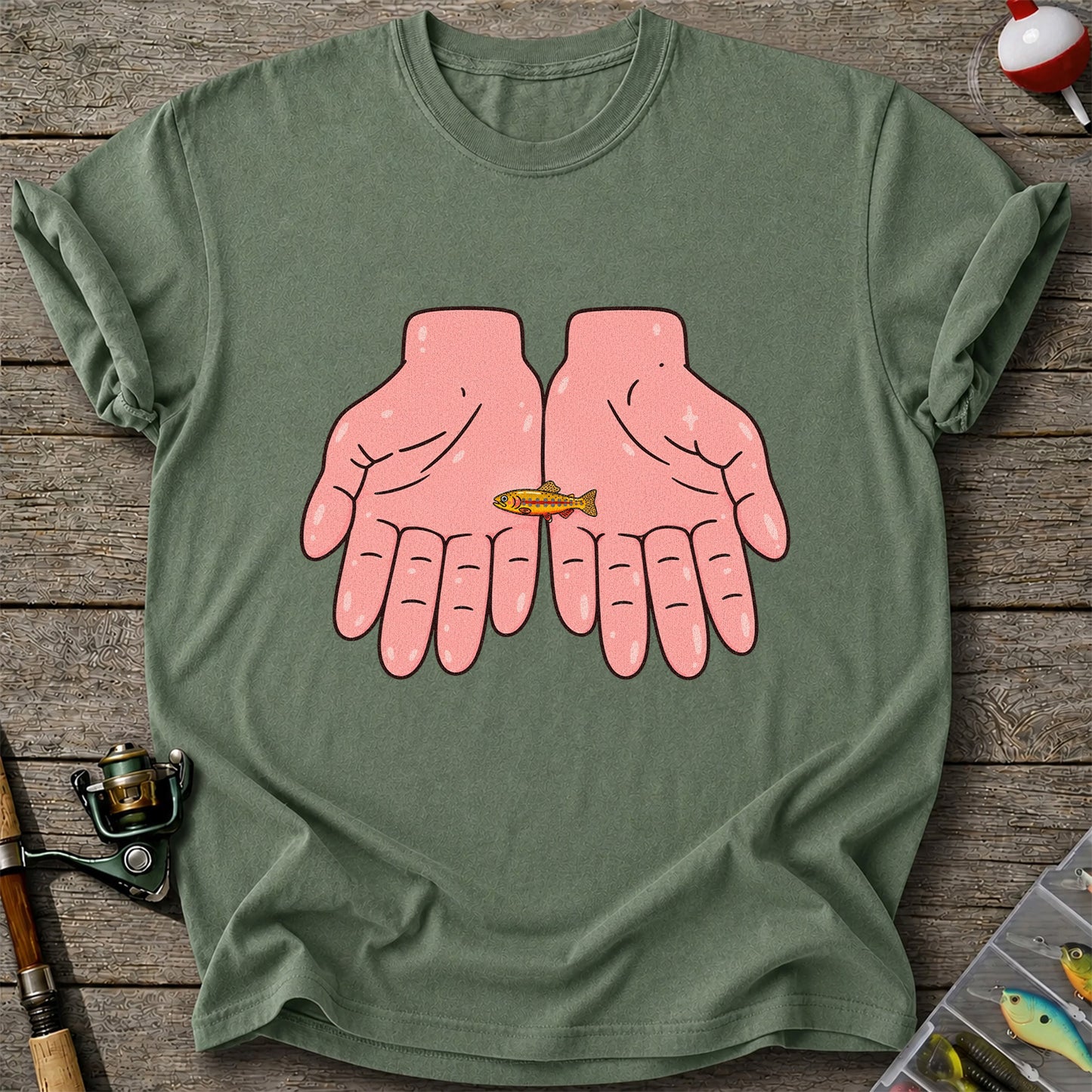 Tiny Rainbow Trout in Two Hands Cute Fishing Graphic T-Shirt