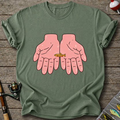 Tiny Rainbow Trout in Two Hands Cute Fishing Graphic T-Shirt