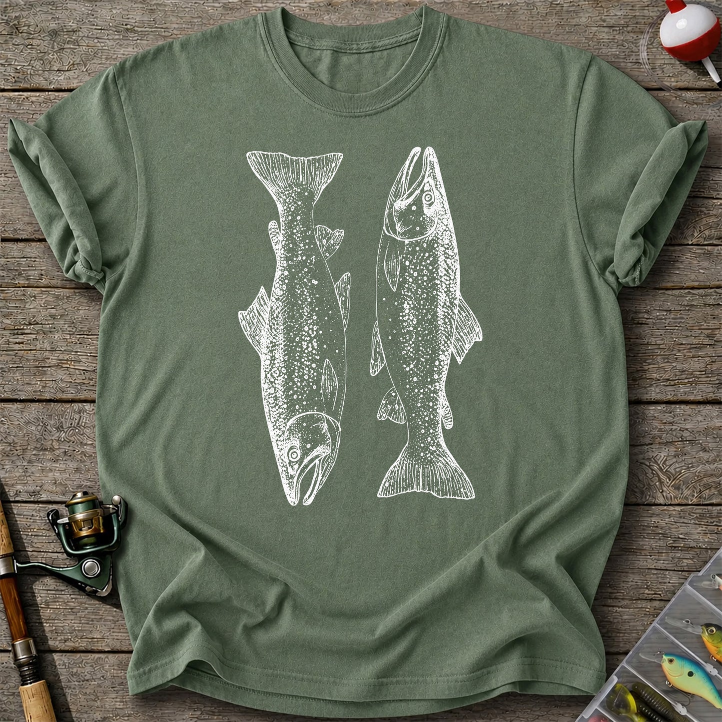 Two Salmon Vintage Line Art Fishing Graphic T-Shirt