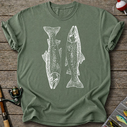 Two Salmon Vintage Line Art Fishing Graphic T-Shirt
