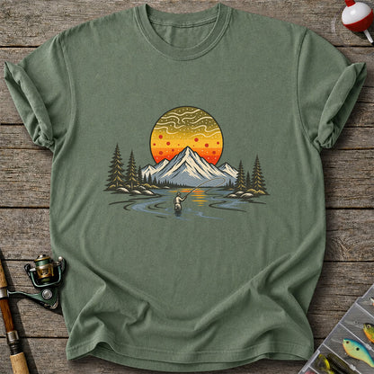 Mountain Sunset Fly Fishing Angler Graphic T-Shirt