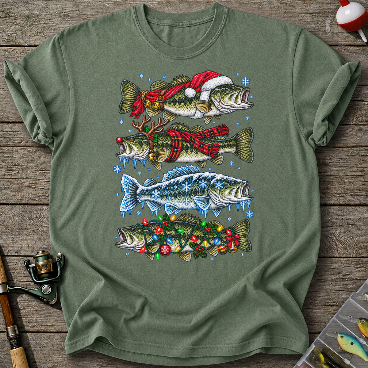 Christmas Bass with Santa Hat and Holiday Lights Fishing T-Shirt