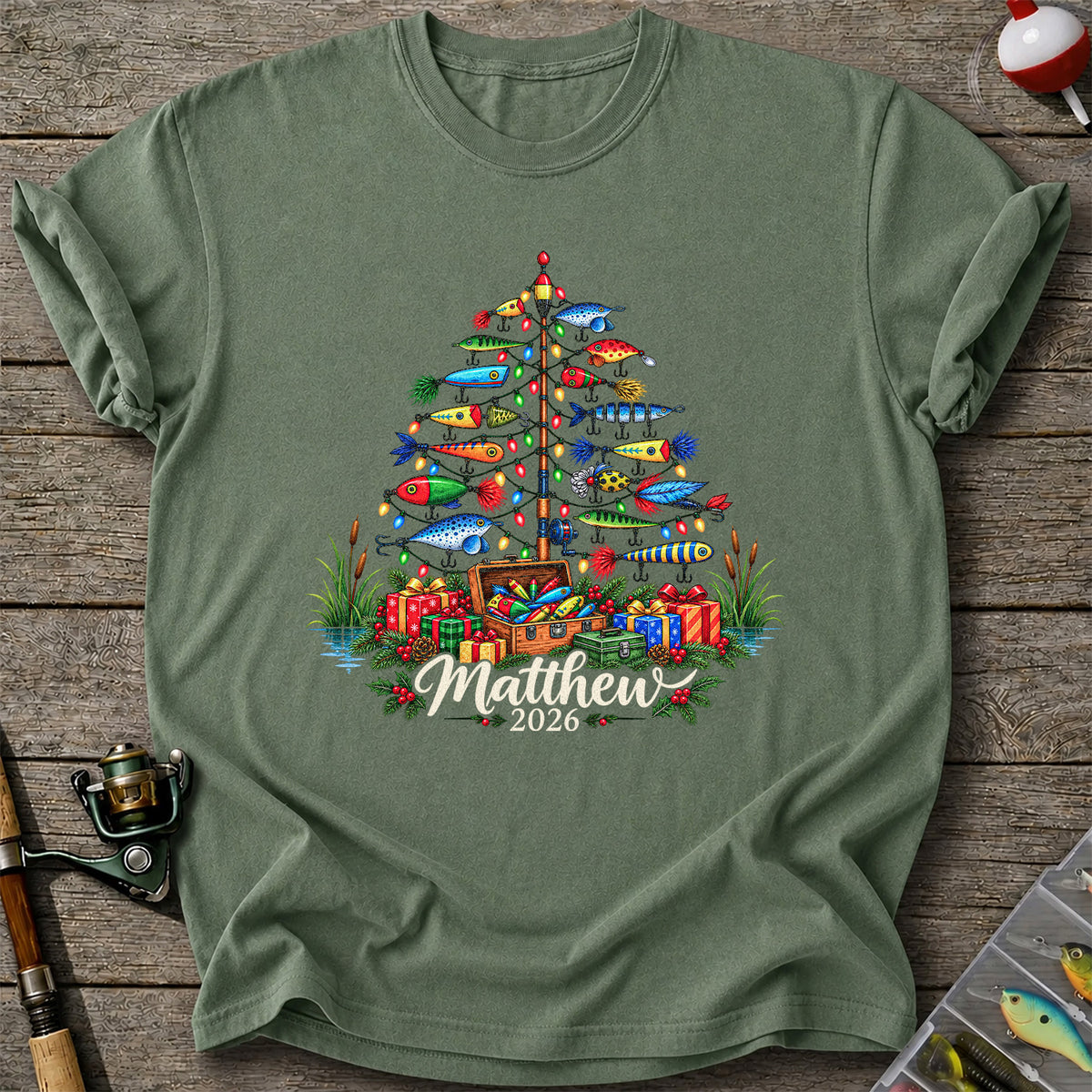 Personalized Christmas Fishing Lure Tree Name Graphic T-Shirt