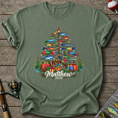 Personalized Christmas Fishing Lure Tree Name Graphic T-Shirt