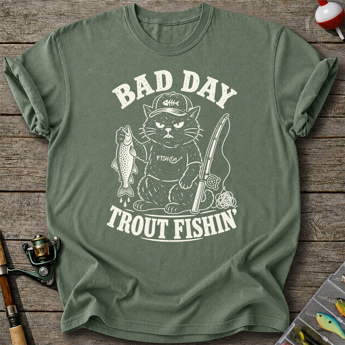 Bad Day Trout Fishin' Fish On Grumpy Black Cat Funny Fishing T-Shirt
