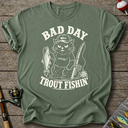 Bad Day Trout Fishin' Fish On Grumpy Black Cat Funny Fishing T-Shirt