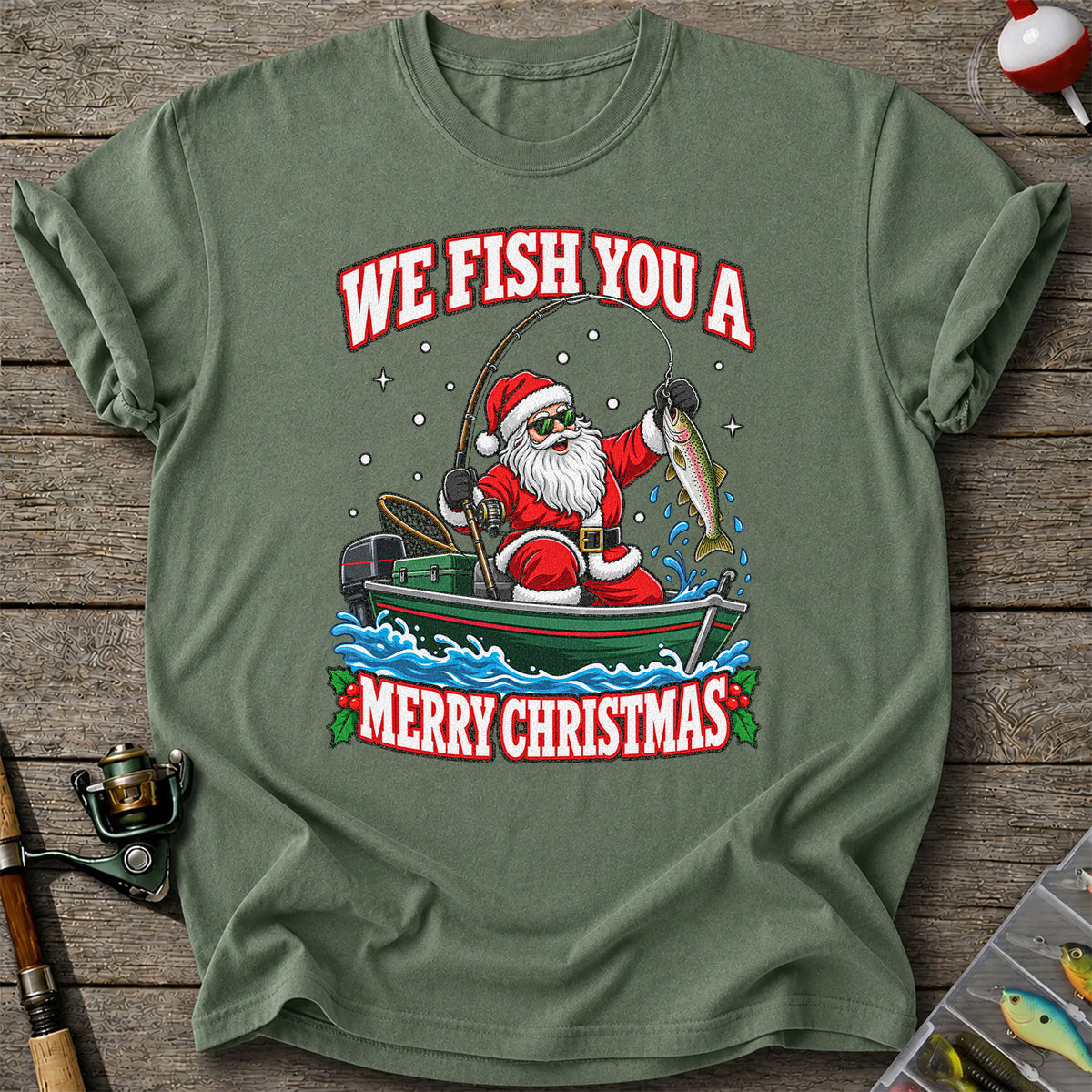 We Fish You a Merry Christmas Santa and Rainbow Trout Fishing T-Shirt