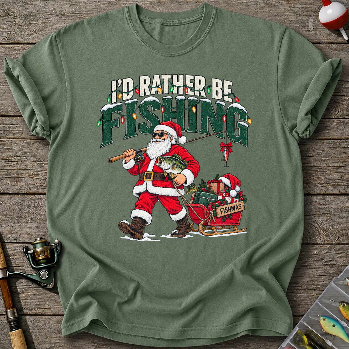 Santa Fishing with Bass Christmas Graphic T-Shirt