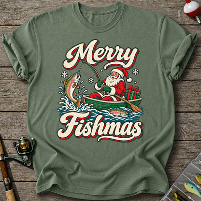 Merry Fishmas Santa Catching Rainbow Trout in a Boat Fishing T-Shirt