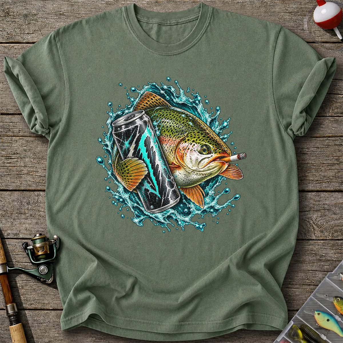 Rainbow Trout with Cigarette and Energy Drink Fishing T-Shirt