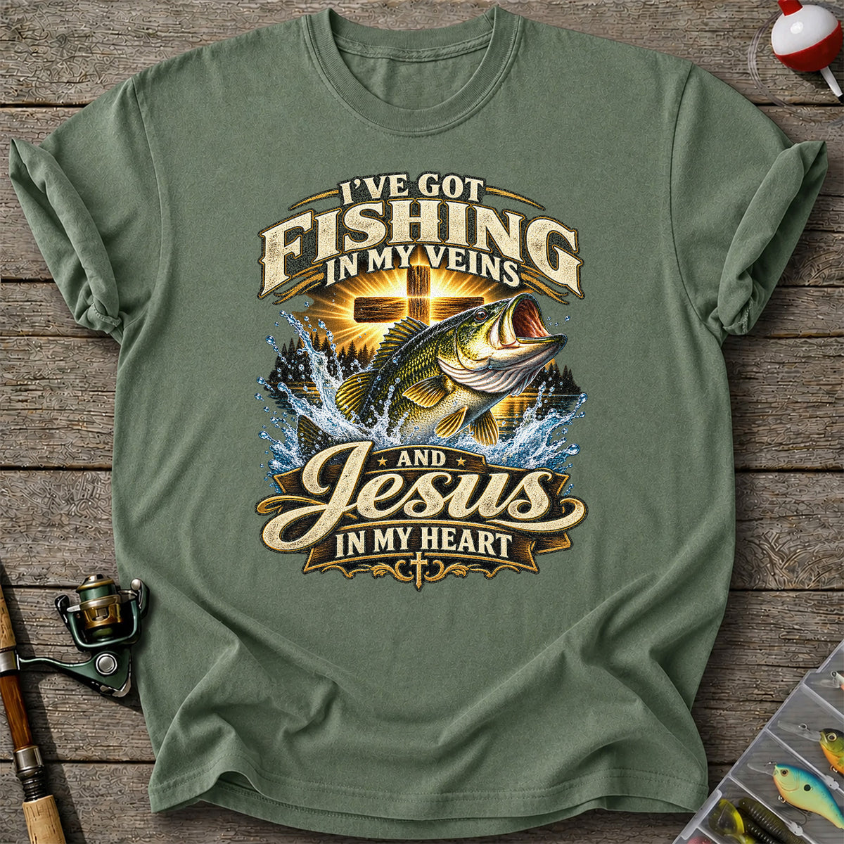 I've Got Fishing in My Veins and Jesus in My Heart Bass and Cross T-Shirt