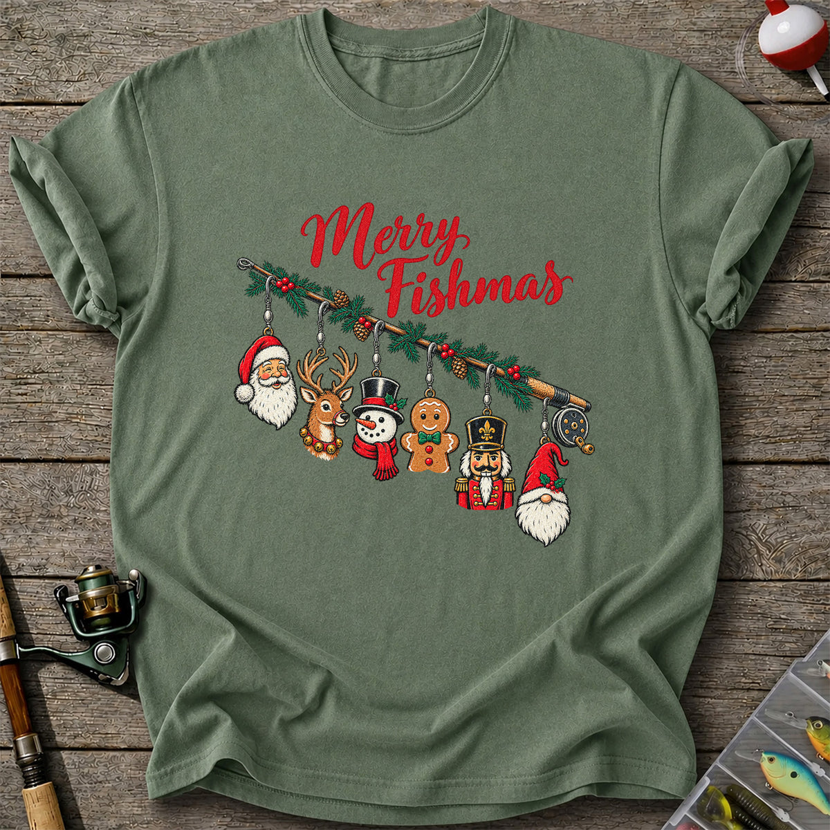 Christmas Fishing Rod Ornaments Holiday Graphic T-Shirt