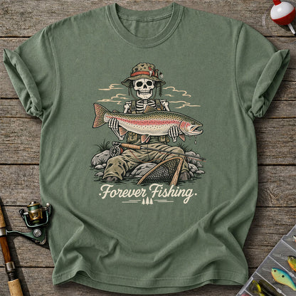 Forever Fishing Skeleton Holding Rainbow Trout Graphic T-Shirt