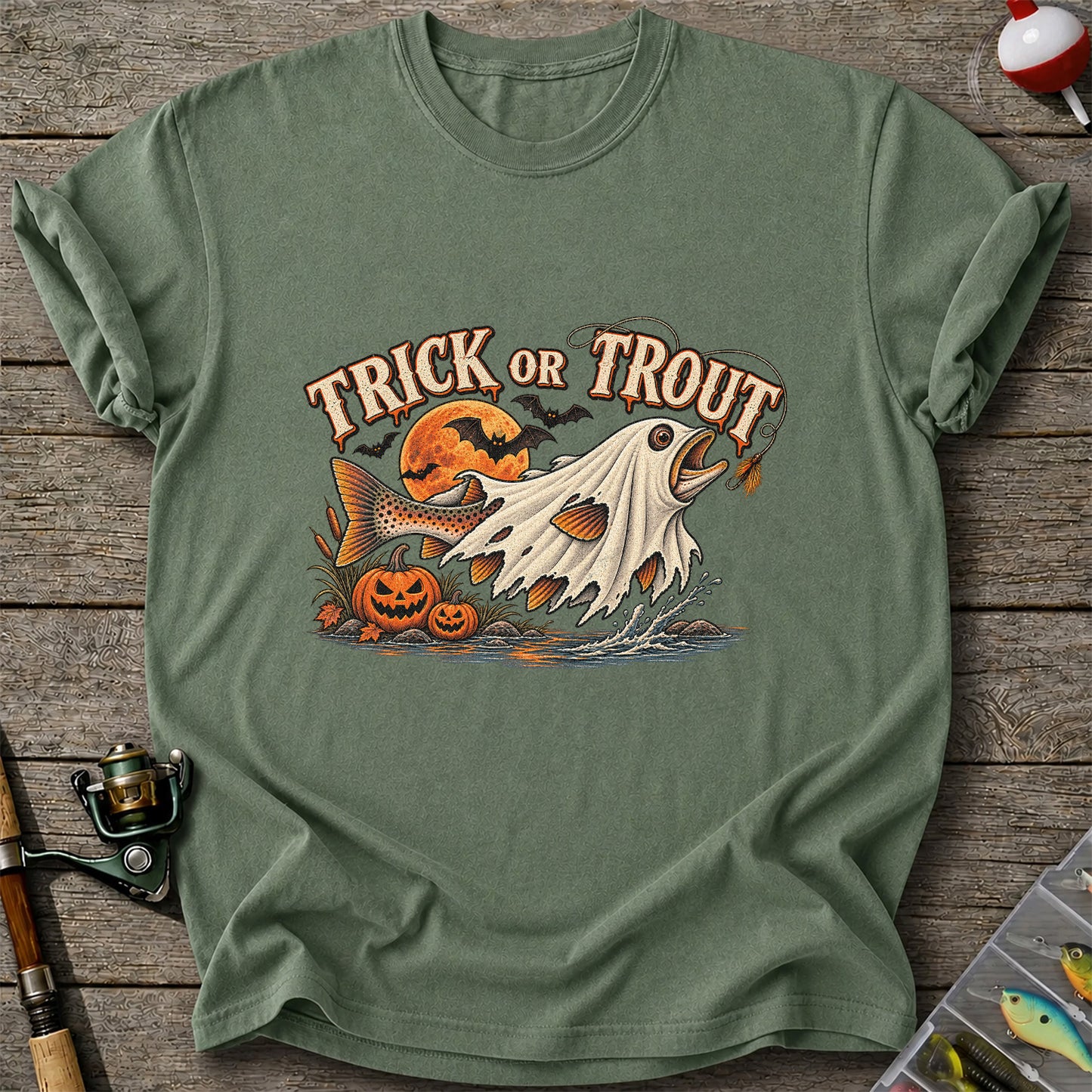 Trick or Trout Ghost Fish Halloween Fishing T-Shirt