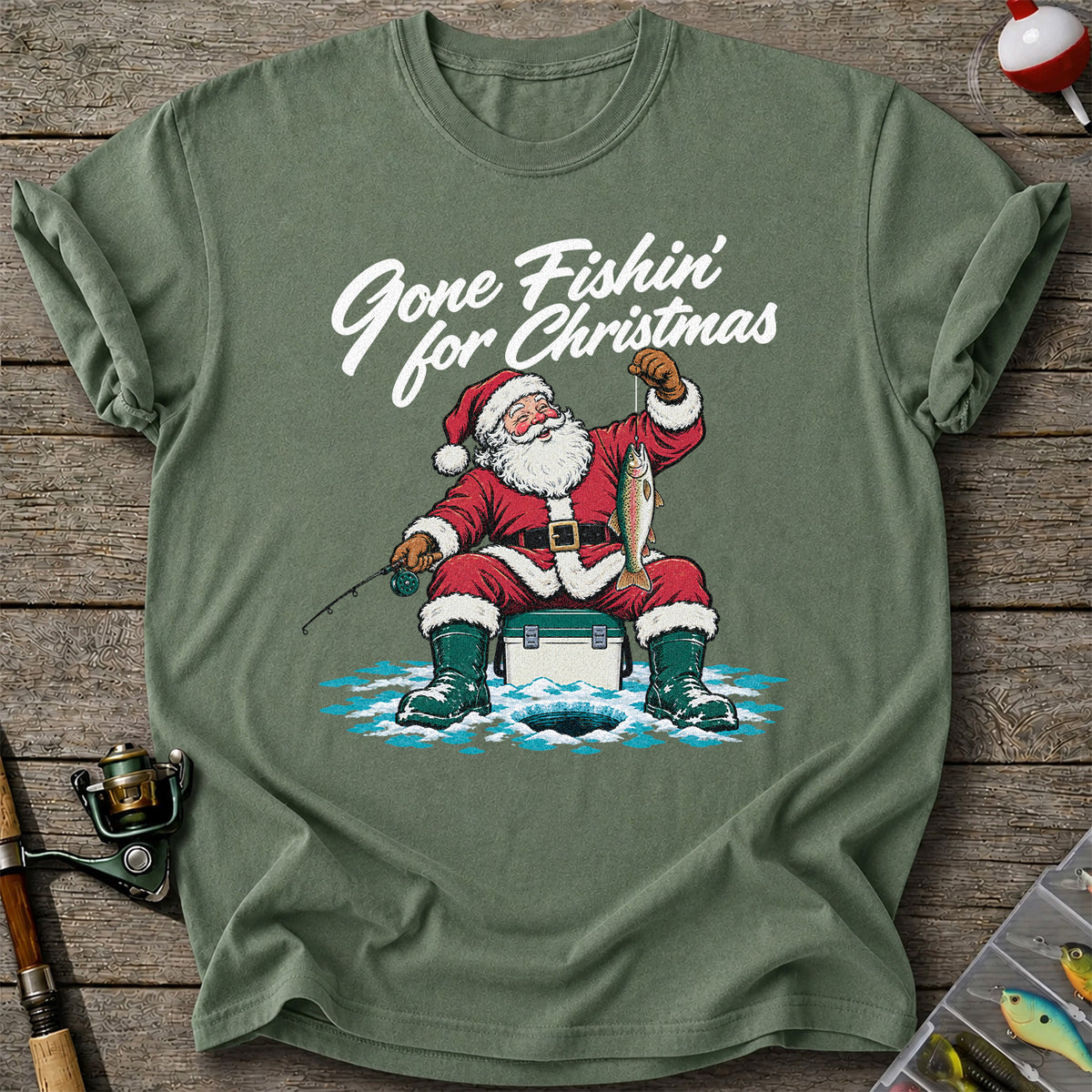 Santa Claus Ice Fishing Christmas Graphic T-Shirt