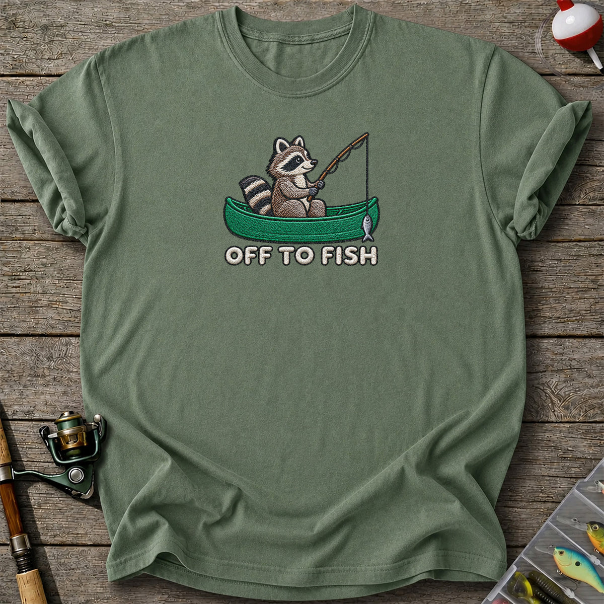 Off to Fish Raccoon in a Canoe Funny Fishing Graphic T-Shirt