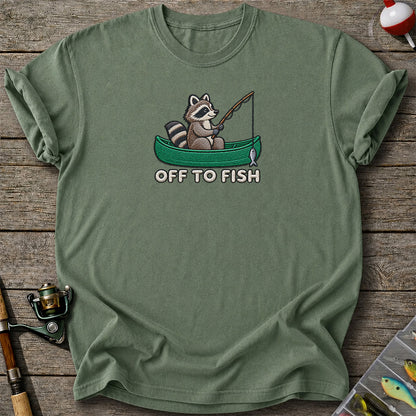 Off to Fish Raccoon in a Canoe Funny Fishing Graphic T-Shirt