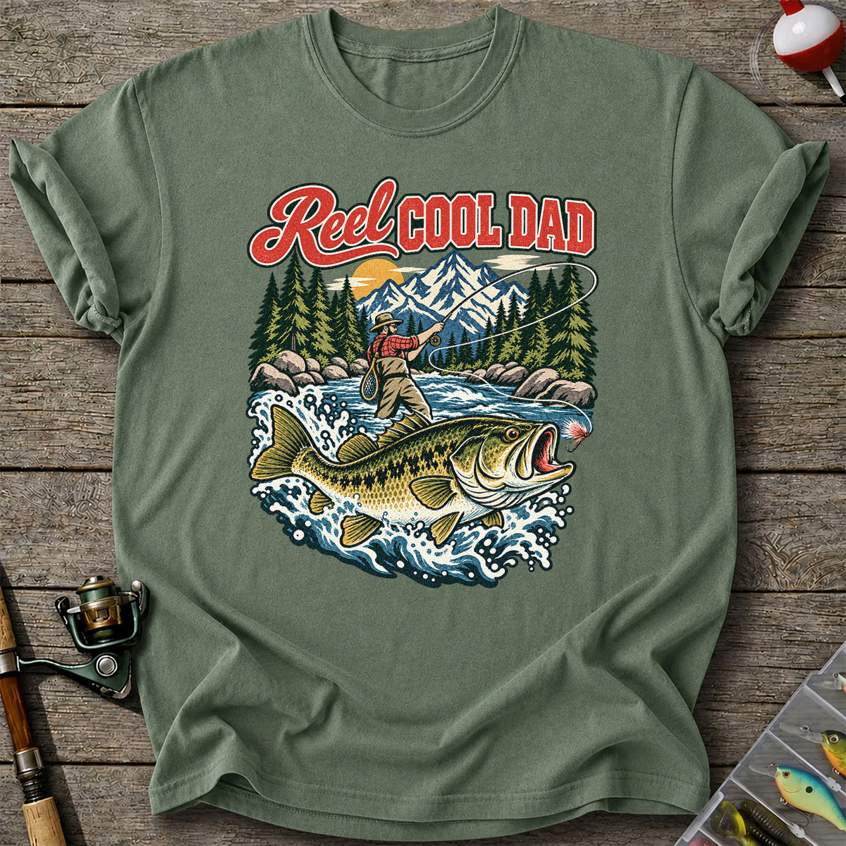 Reel Cool Dad Largemouth Bass Fishing Graphic T-Shirt