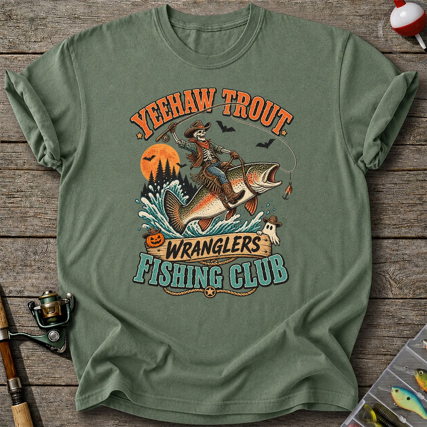 Yeehaw Trout Wranglers Fishing Club Halloween Skeleton Cowboy T-Shirt