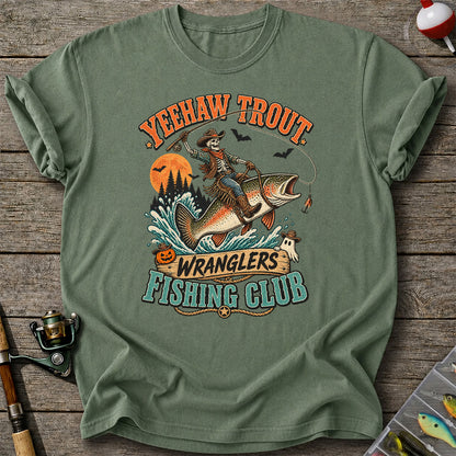 Yeehaw Trout Wranglers Fishing Club Halloween Skeleton Cowboy T-Shirt