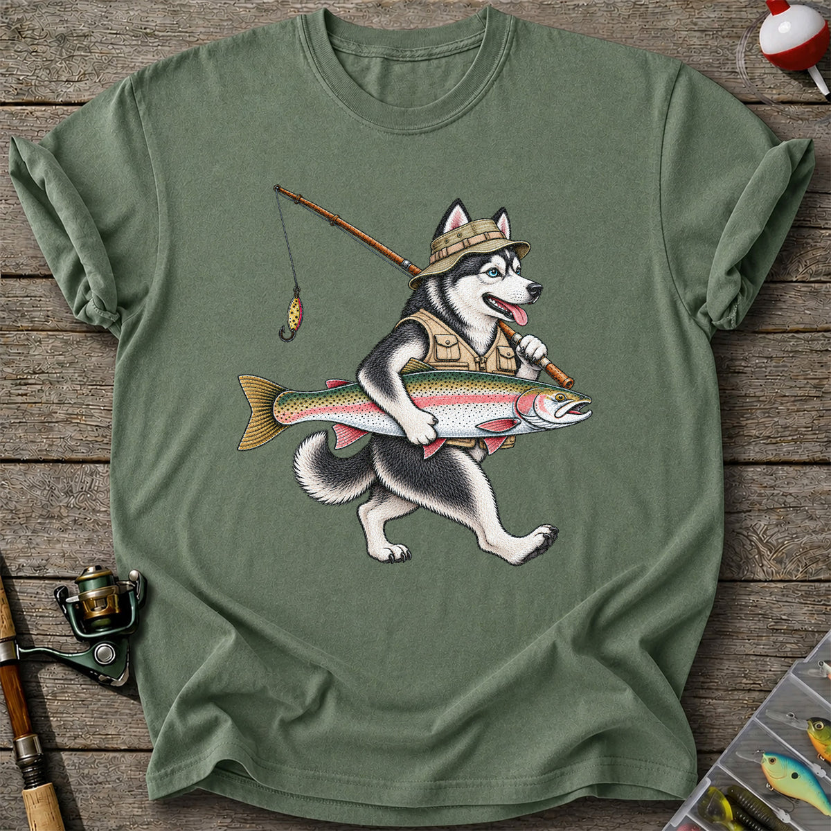 Husky Holding Rainbow Trout Fishing Graphic T-Shirt
