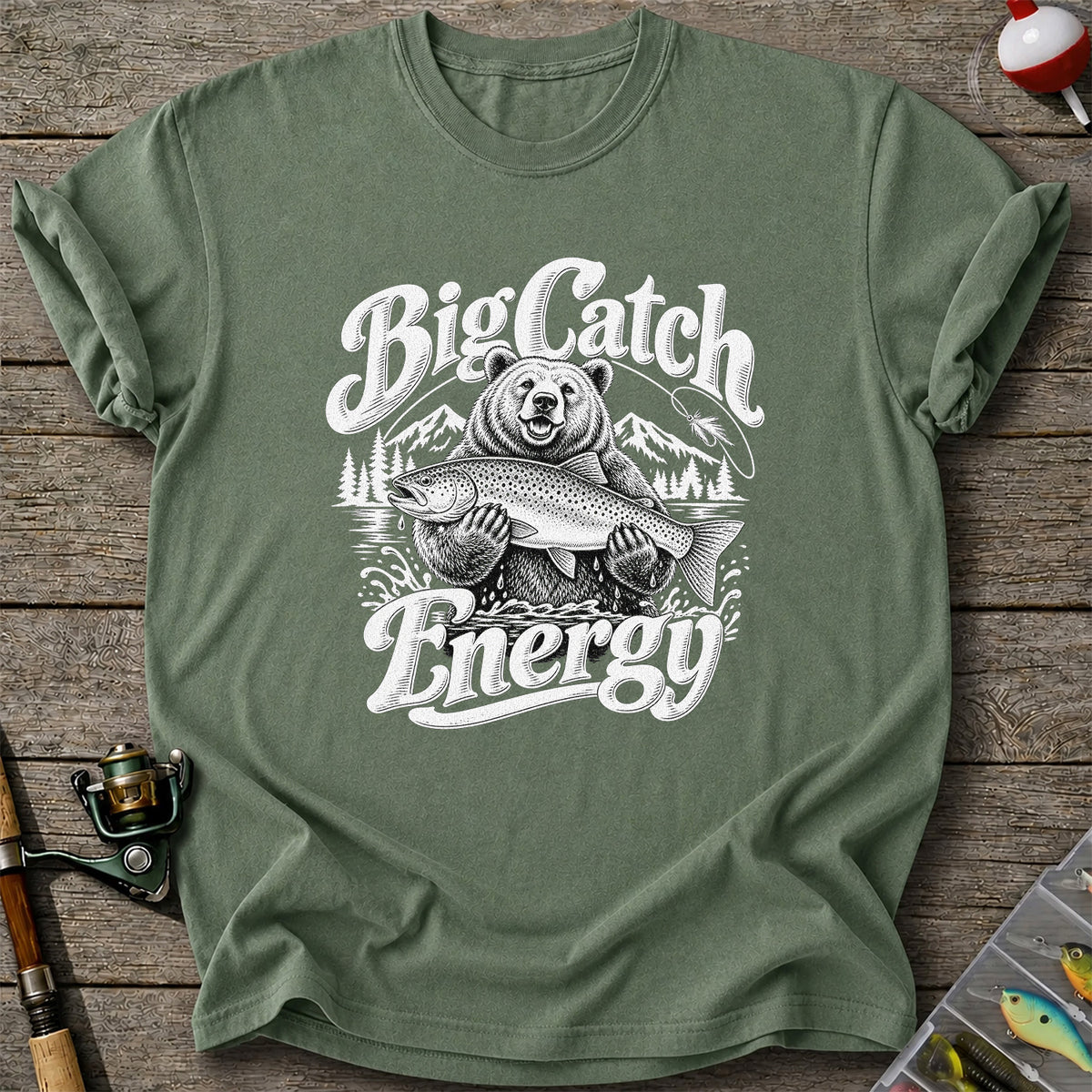 Big Catch Energy Bear Holding Trout Fishing T-Shirt