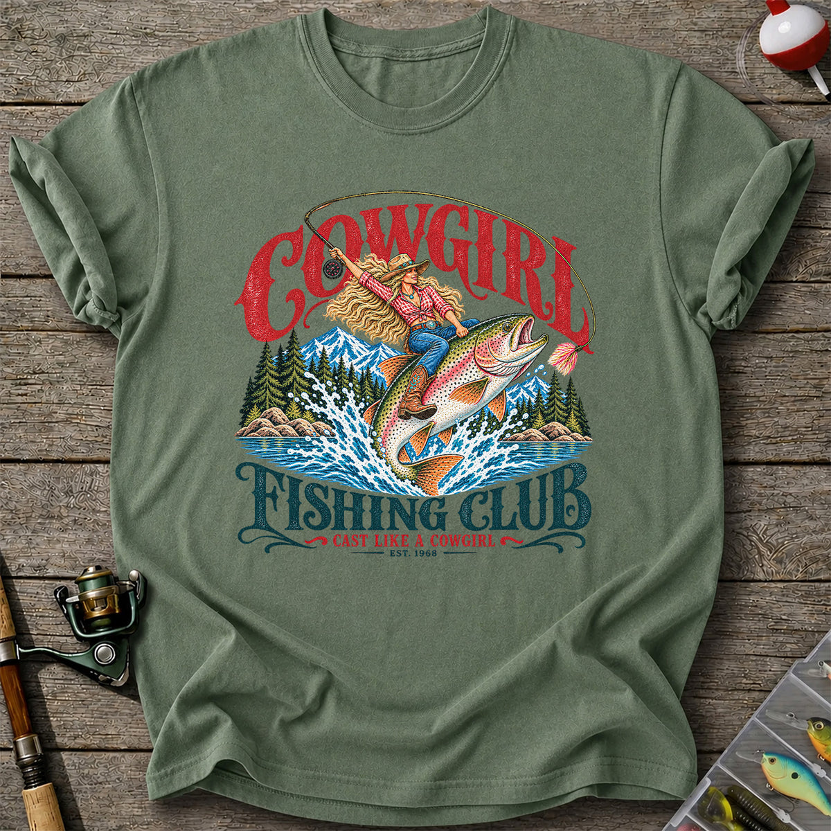Cowgirl Riding Trout Fishing Club Graphic T-Shirt