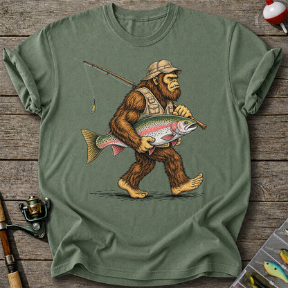 Bigfoot Holding Rainbow Trout Vintage Fishing Graphic T-Shirt