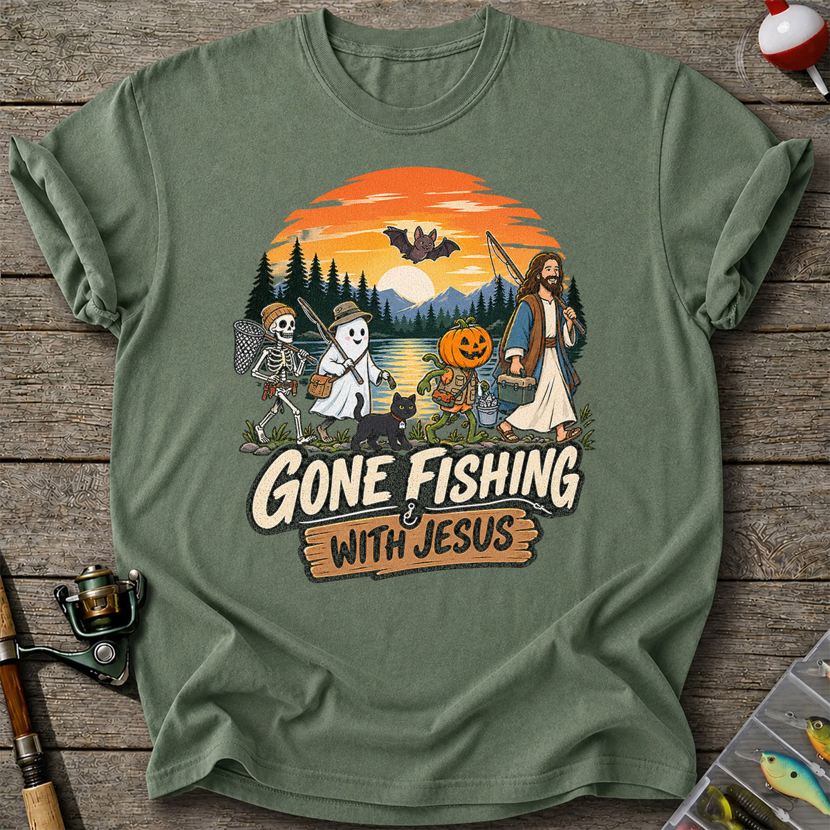 Gone Fishing with Jesus Skeleton Ghost and Pumpkin Halloween Fishing T-Shirt
