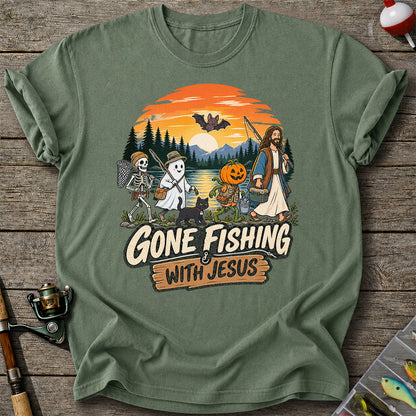 Gone Fishing with Jesus Skeleton Ghost and Pumpkin Halloween Fishing T-Shirt